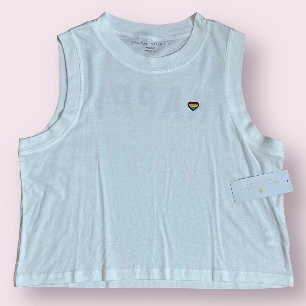 Spiritual Gangster NWT Happy Box Crop Tank Top White Size M Heart Sleeveless - Picture 4 of 6